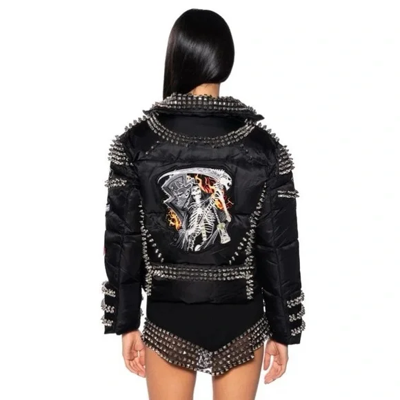 ACDC SPIKED PATCH PUFFER COAT IN BLACK NWT - Picture 7 of 16